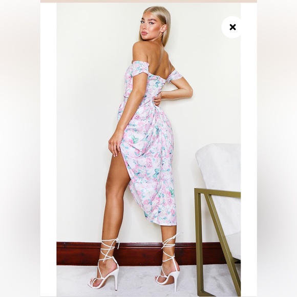 ◾️Pretty Little Thing Nude Floral Bardot Draped Skirt MIDI Dress - Picture 3 of 10
